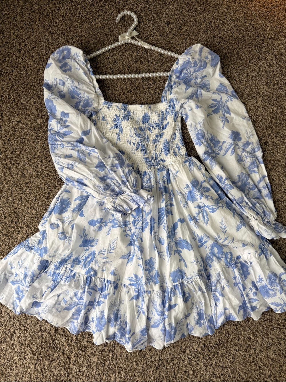 & Other Stories White Cotton Mini Dress with Blue Floral Print